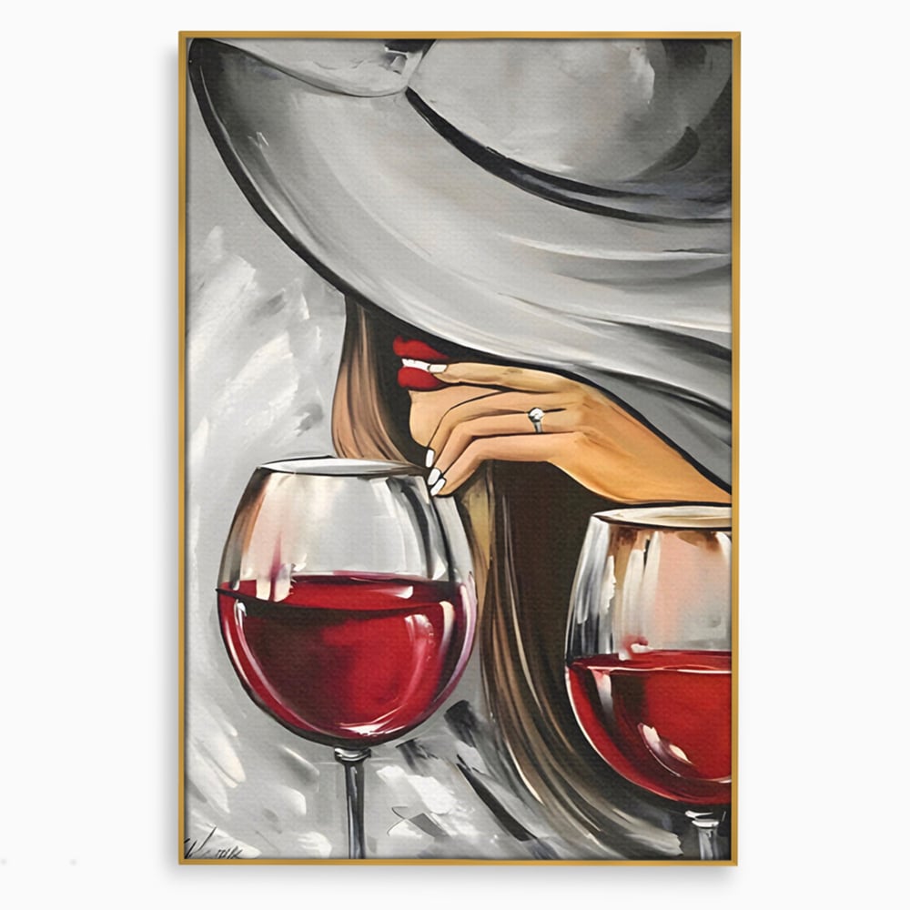Tablou canvas cu tablou canvas cu femeie si vin rosu, in rama de aluminiu auriu