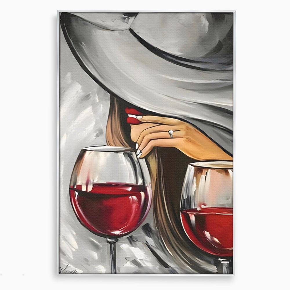 Tablou canvas cu tablou canvas cu femeie si vin rosu, in rama de aluminiu argintiu