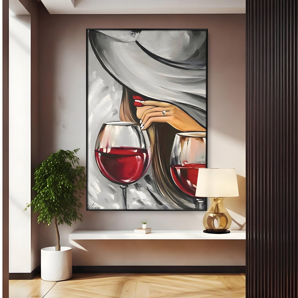 Tablou canvas cu tablou canvas cu femeie si vin rosu, in rama de aluminiu negru