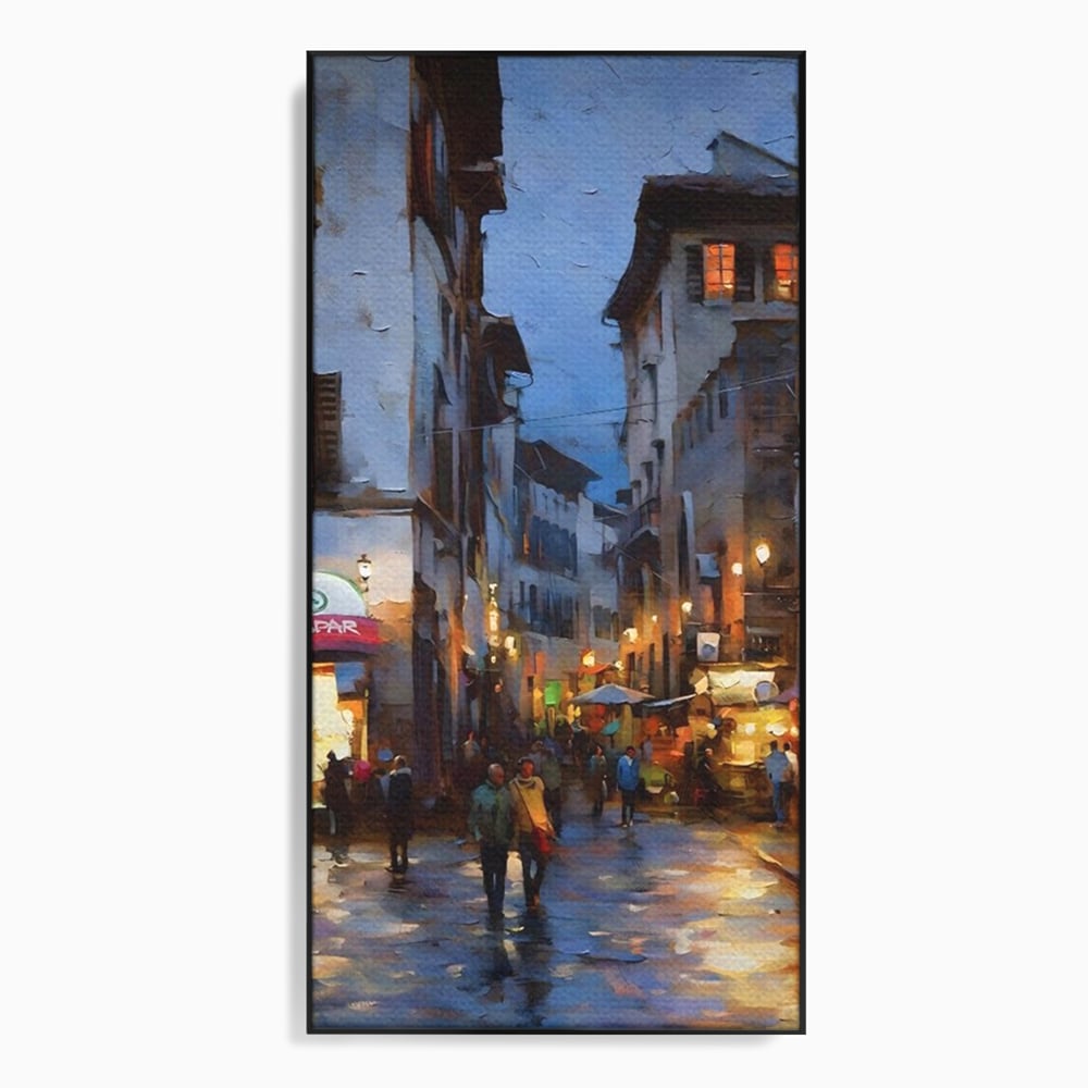 Tablou canvas cu pictura stradala cu oameni seara, in rama de aluminiu negru