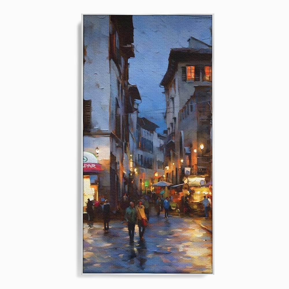 Tablou canvas cu pictura stradala cu oameni seara, in rama de aluminiu argintiu