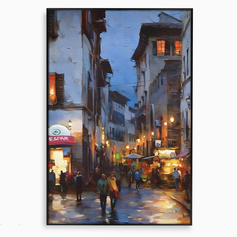 Tablou canvas cu pictura stradala cu oameni seara, in rama de aluminiu negru