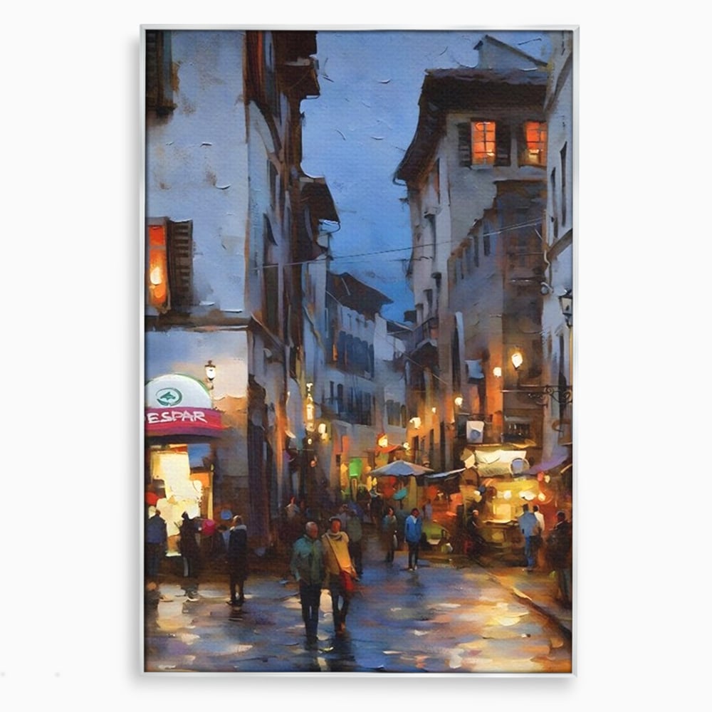 Tablou canvas cu pictura stradala cu oameni seara, in rama de aluminiu argintiu
