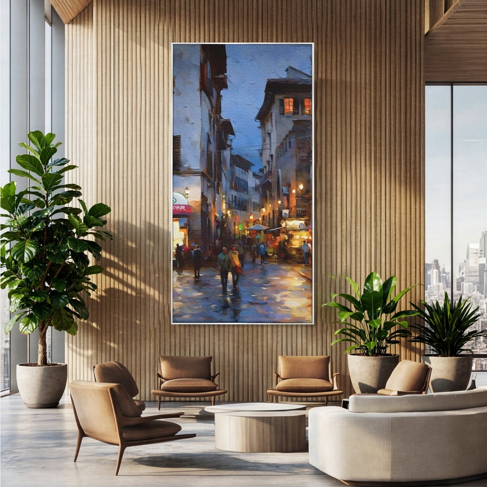 Tablou canvas cu pictura stradala cu oameni seara, in rama de aluminiu argintiu, pe perete intr-un birou