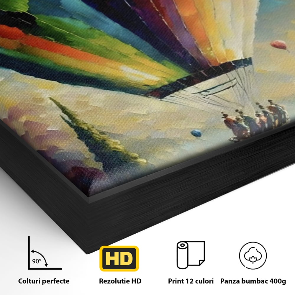 Detaliu al suprafetei: tablou canvas cu balon cu aer cald, in rama de aluminiu negru
