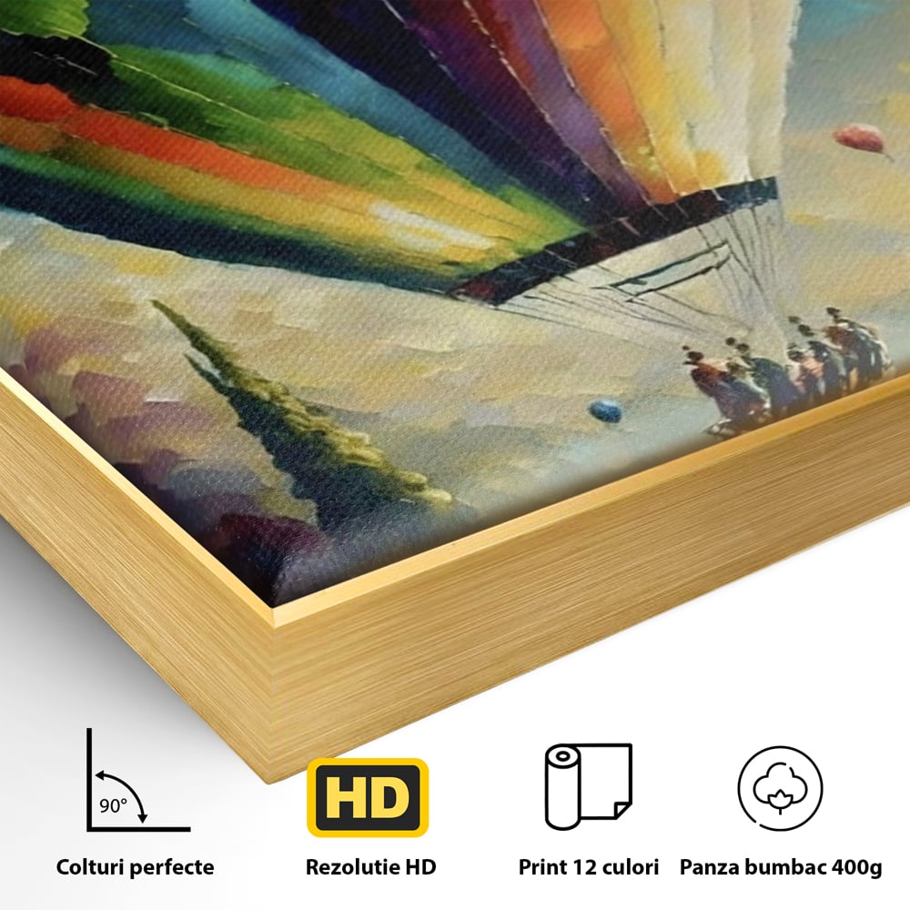 Detaliu al suprafetei: tablou canvas cu balon cu aer cald, in rama de aluminiu auriu