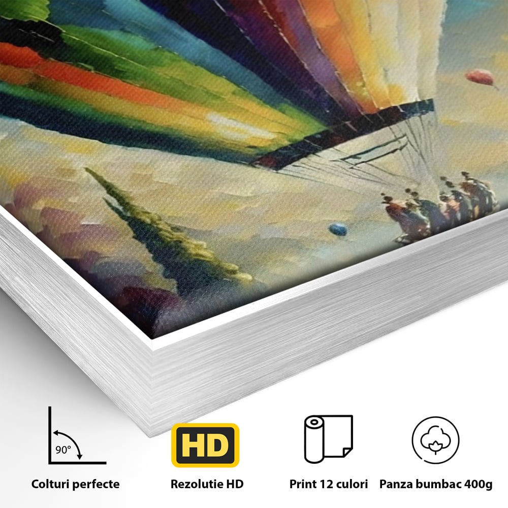 Detaliu al suprafetei: tablou canvas cu balon cu aer cald, in rama de aluminiu argintiu