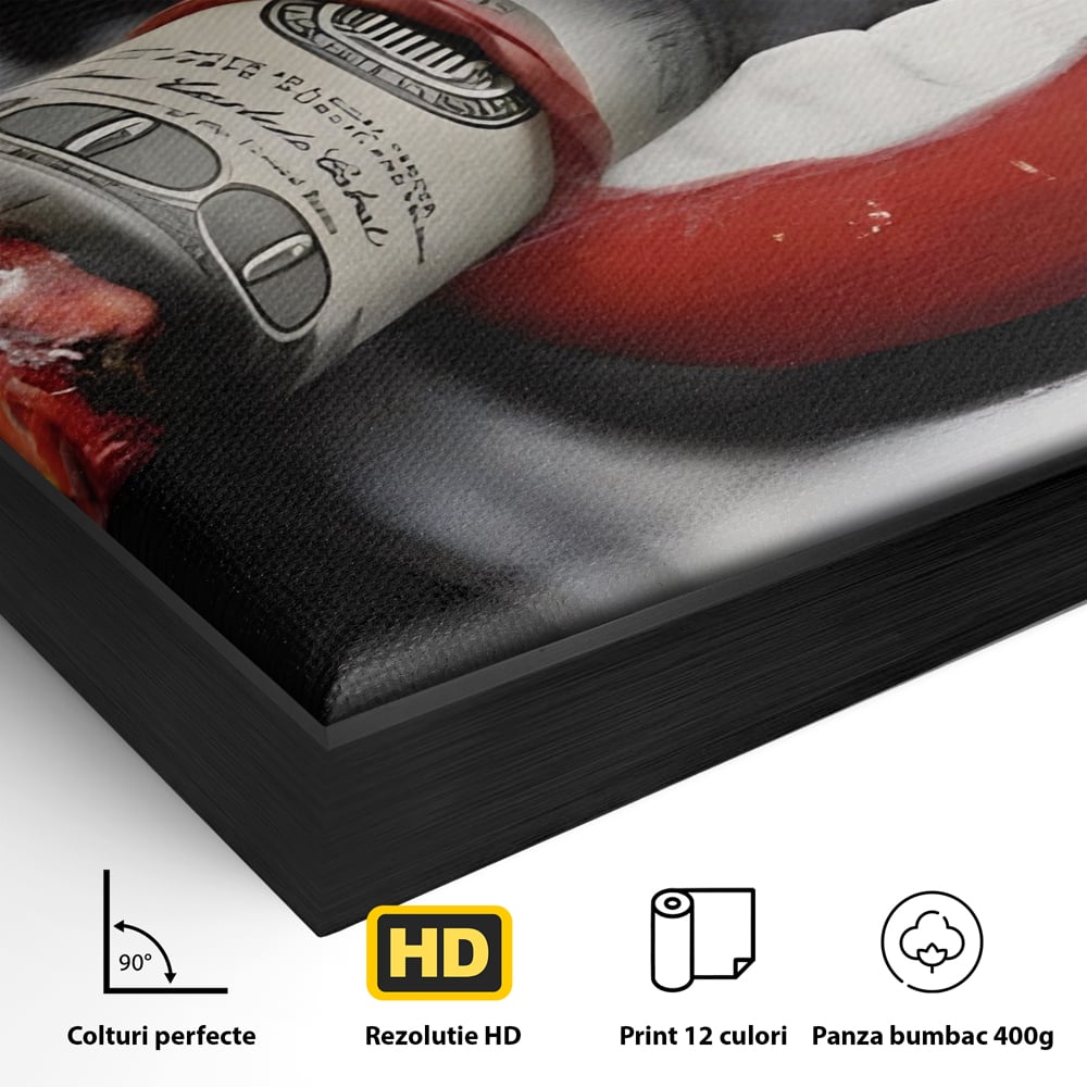 Detaliu al suprafetei: tablou canvas cu buze rosii si bancnota, in rama de aluminiu negru