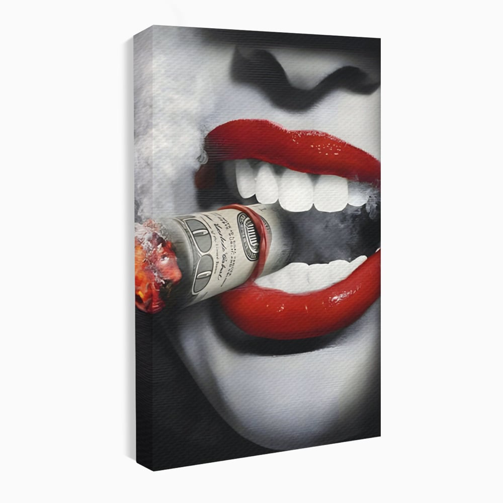 Tablou canvas cu tablou canvas cu buze rosii si bancnota, fara rama, pe sasiu de lemn