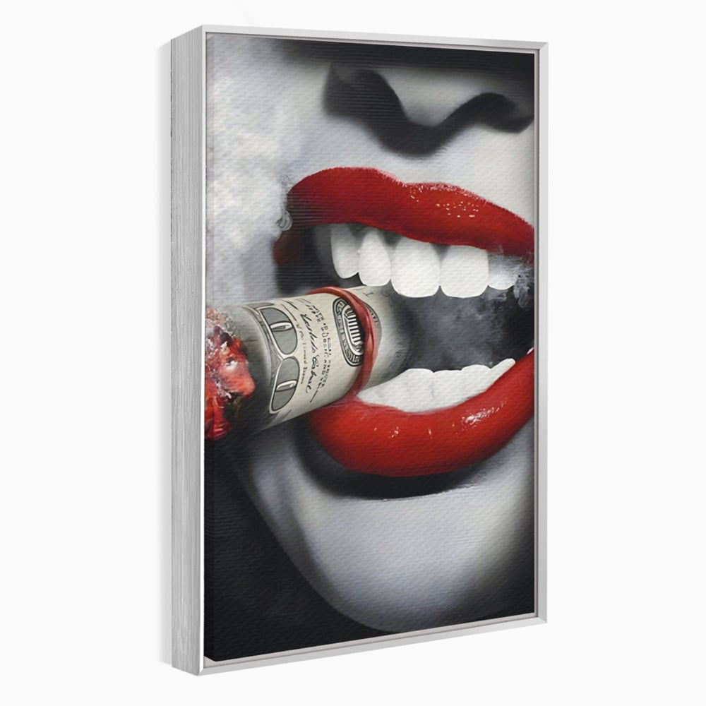 Tablou canvas cu tablou canvas cu buze rosii si bancnota, in rama de aluminiu argintiu