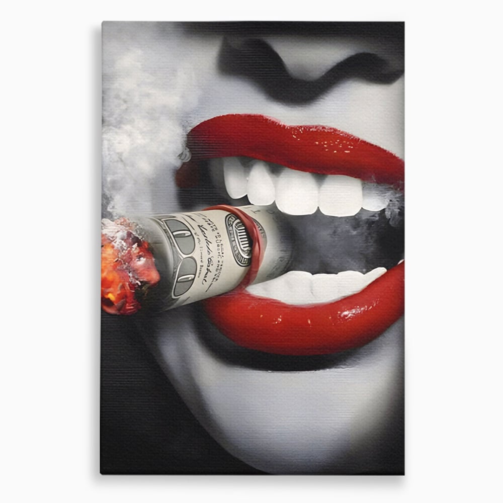 Tablou canvas cu tablou canvas cu buze rosii si bancnota, fara rama, pe sasiu de lemn