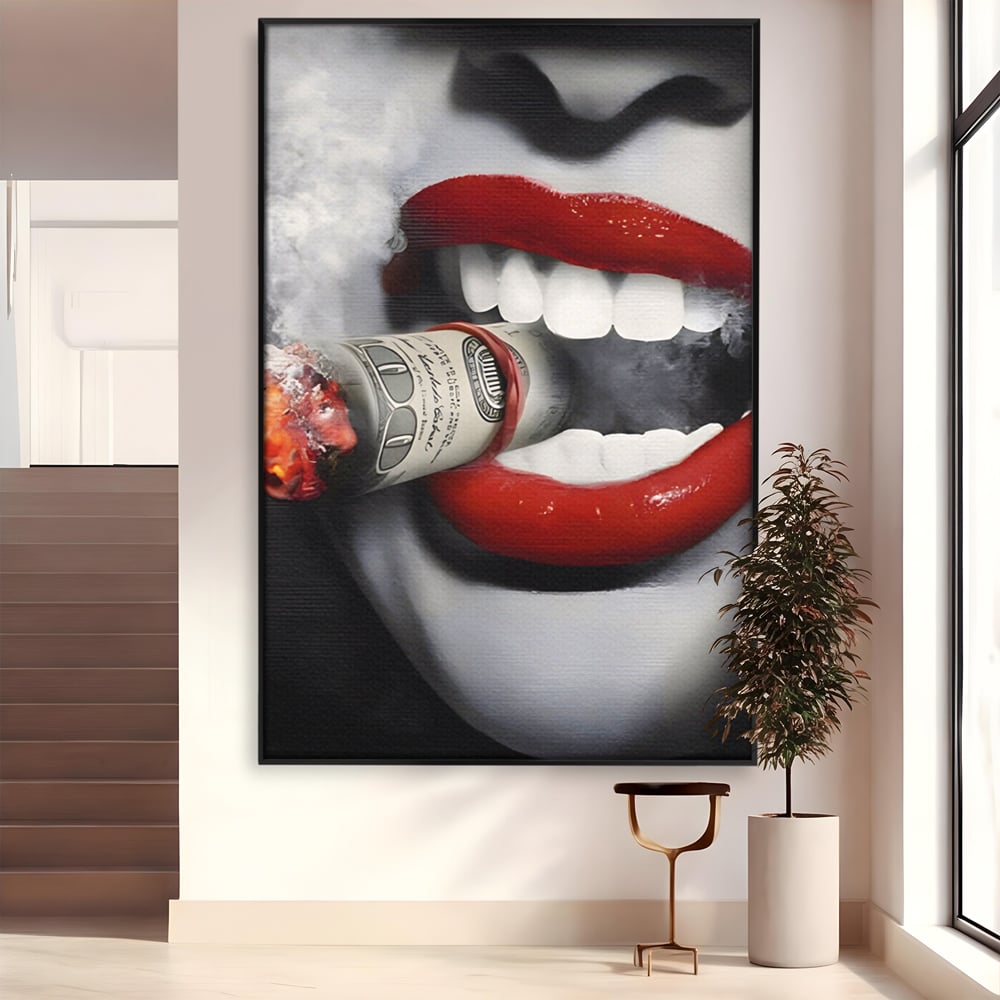 Tablou canvas cu tablou canvas cu buze rosii si bancnota, in rama de aluminiu negru