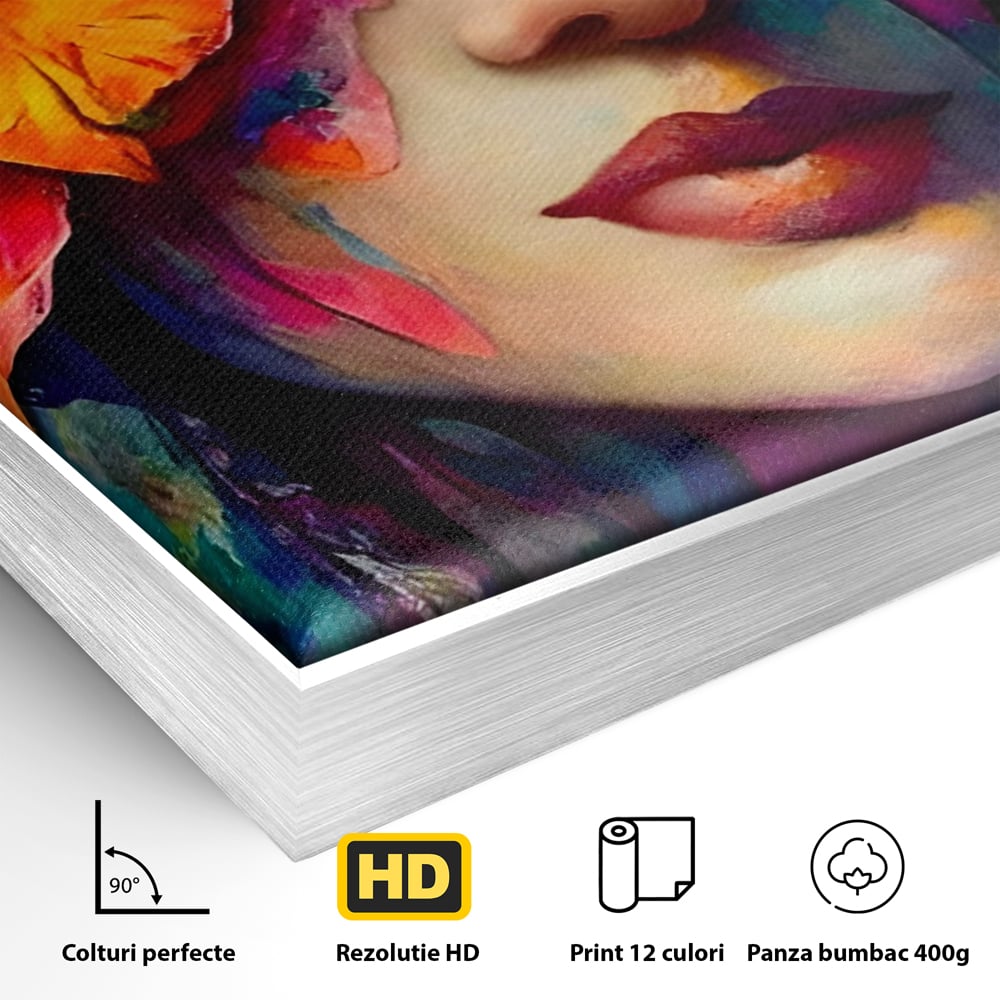 Detaliu al suprafetei: tablou canvas cu portret feminin si flori, in rama de aluminiu argintiu