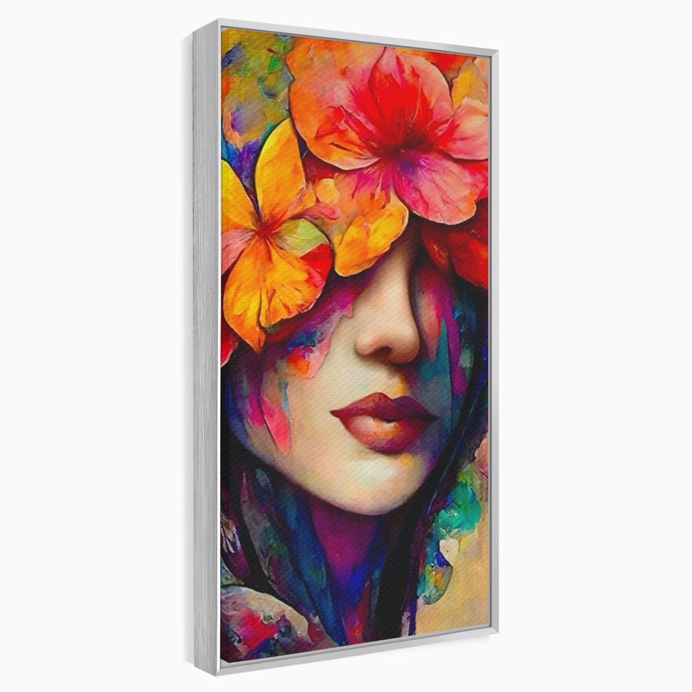 Tablou canvas cu tablou canvas cu portret feminin si flori, in rama de aluminiu argintiu
