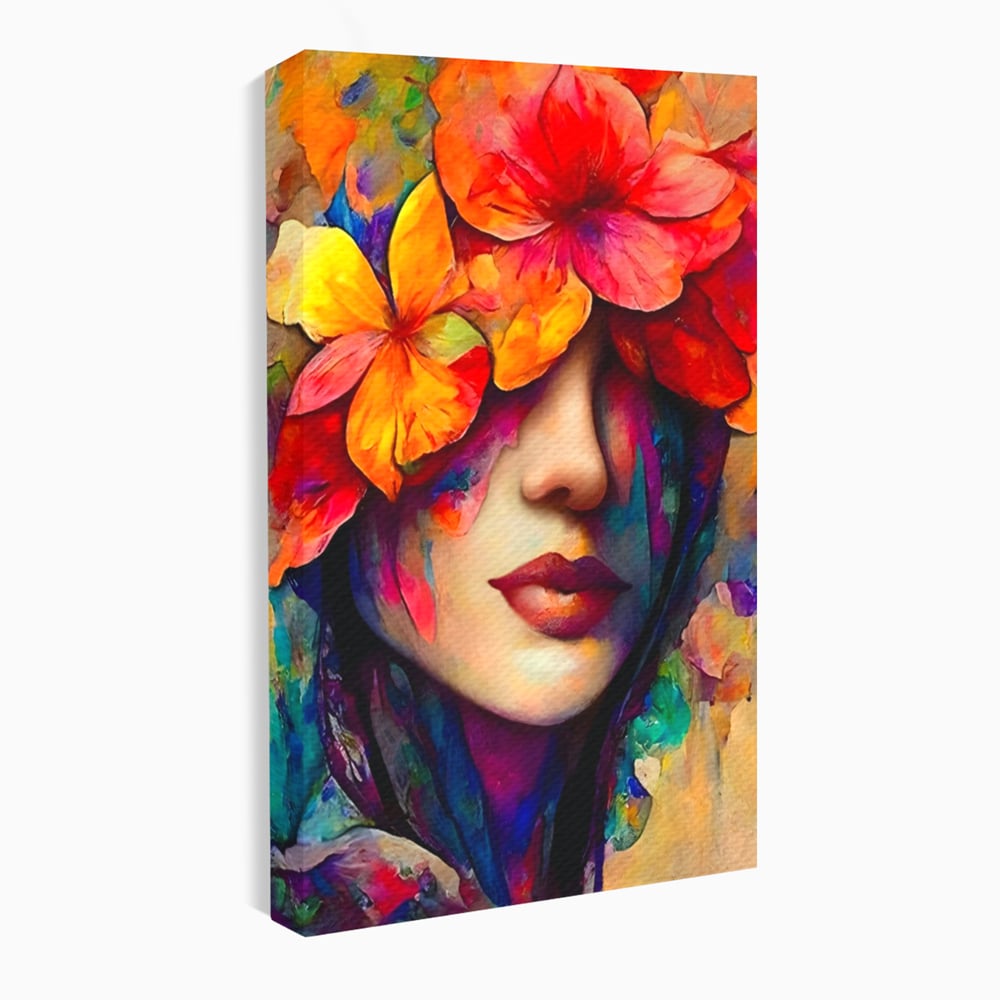 Tablou canvas cu tablou canvas cu portret feminin si flori, fara rama, pe sasiu de lemn
