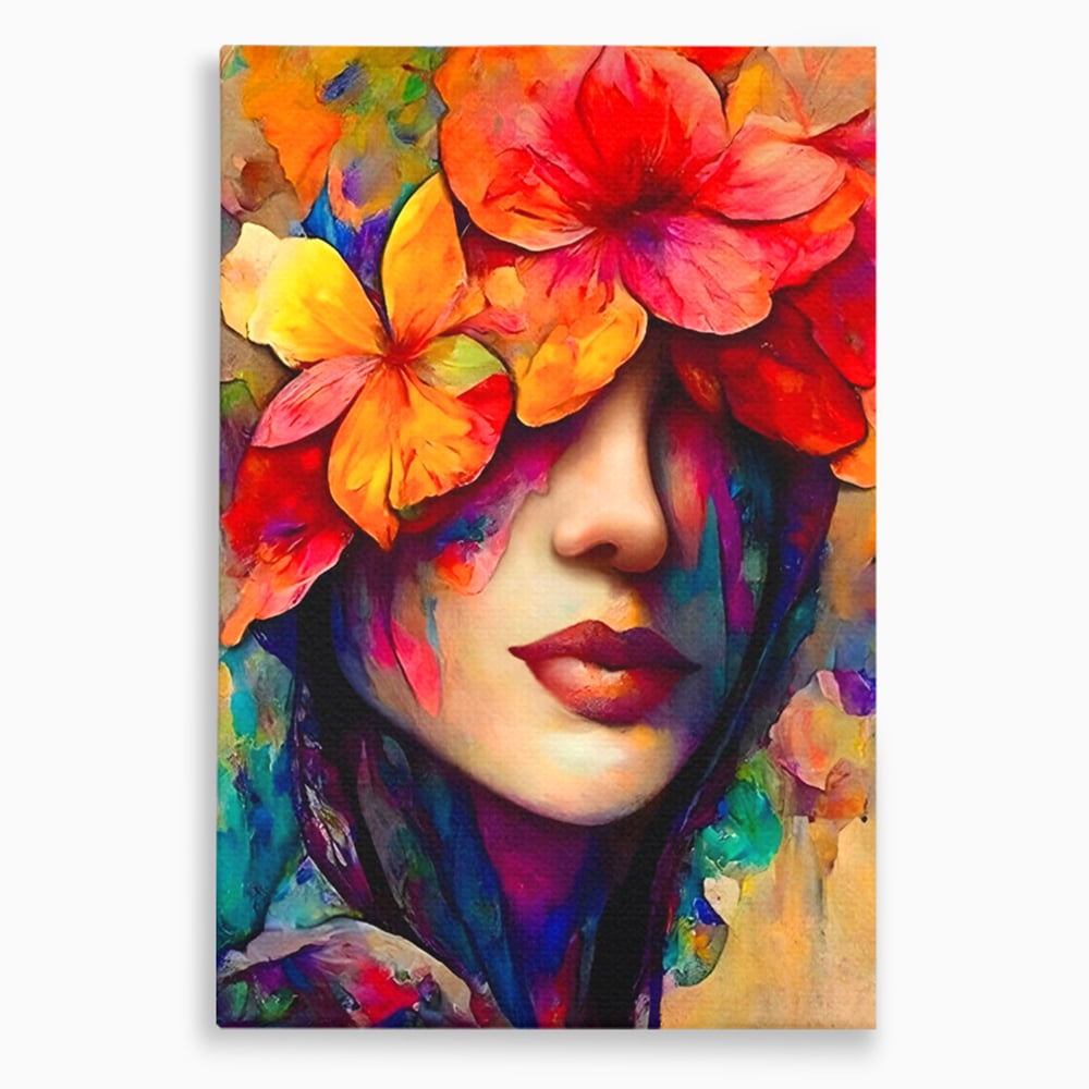 Tablou canvas cu tablou canvas cu portret feminin si flori, fara rama, pe sasiu de lemn