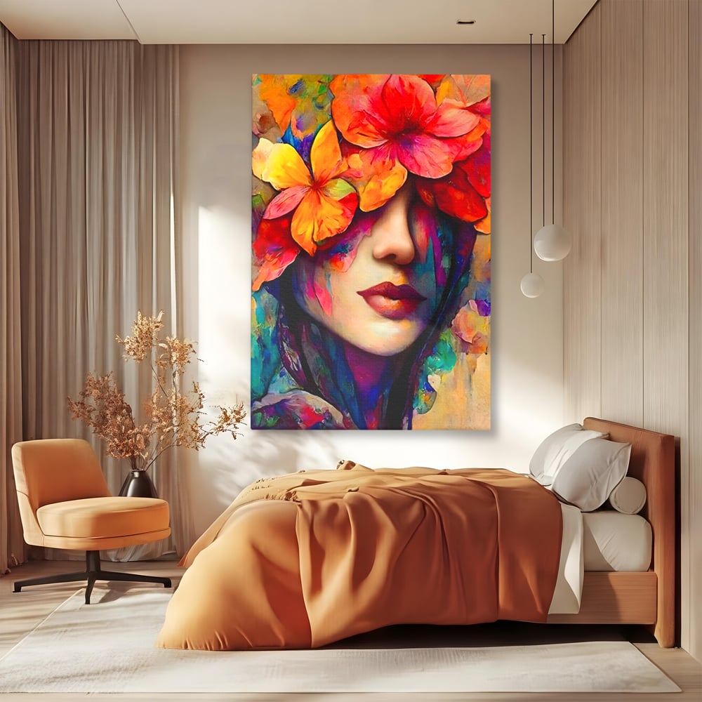 Tablou canvas cu tablou canvas cu portret feminin si flori, fara rama, pe sasiu de lemn, pe perete intr-un dormitor