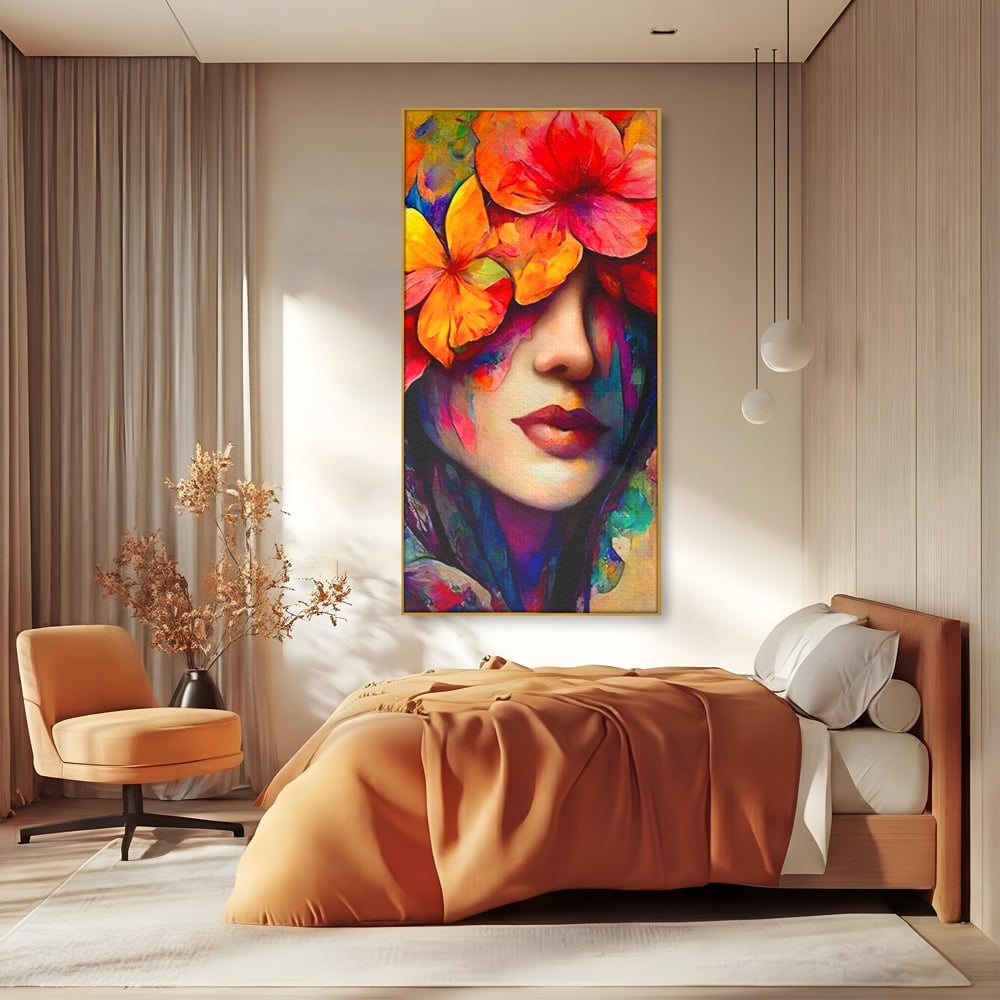 Tablou canvas cu tablou canvas cu portret feminin si flori, in rama de aluminiu auriu, pe perete intr-un dormitor