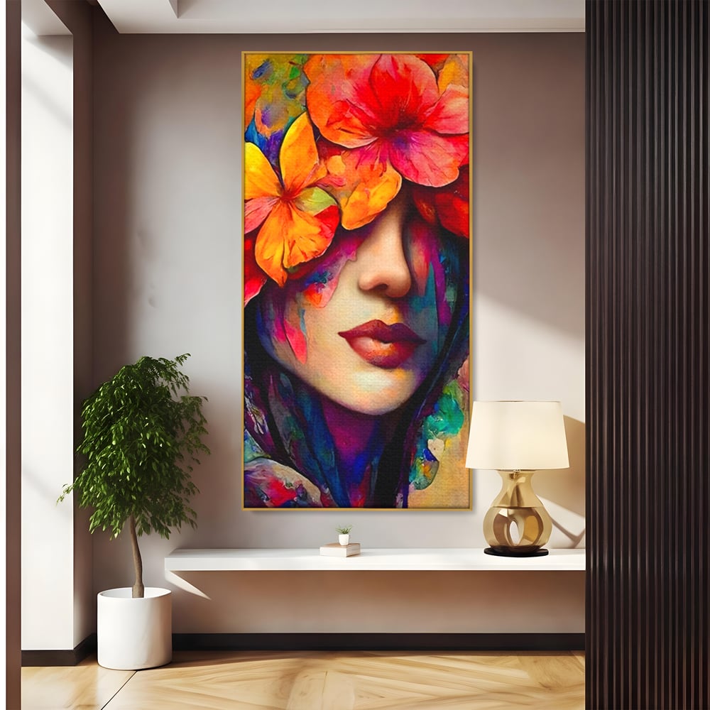 Tablou canvas cu tablou canvas cu portret feminin si flori, in rama de aluminiu auriu
