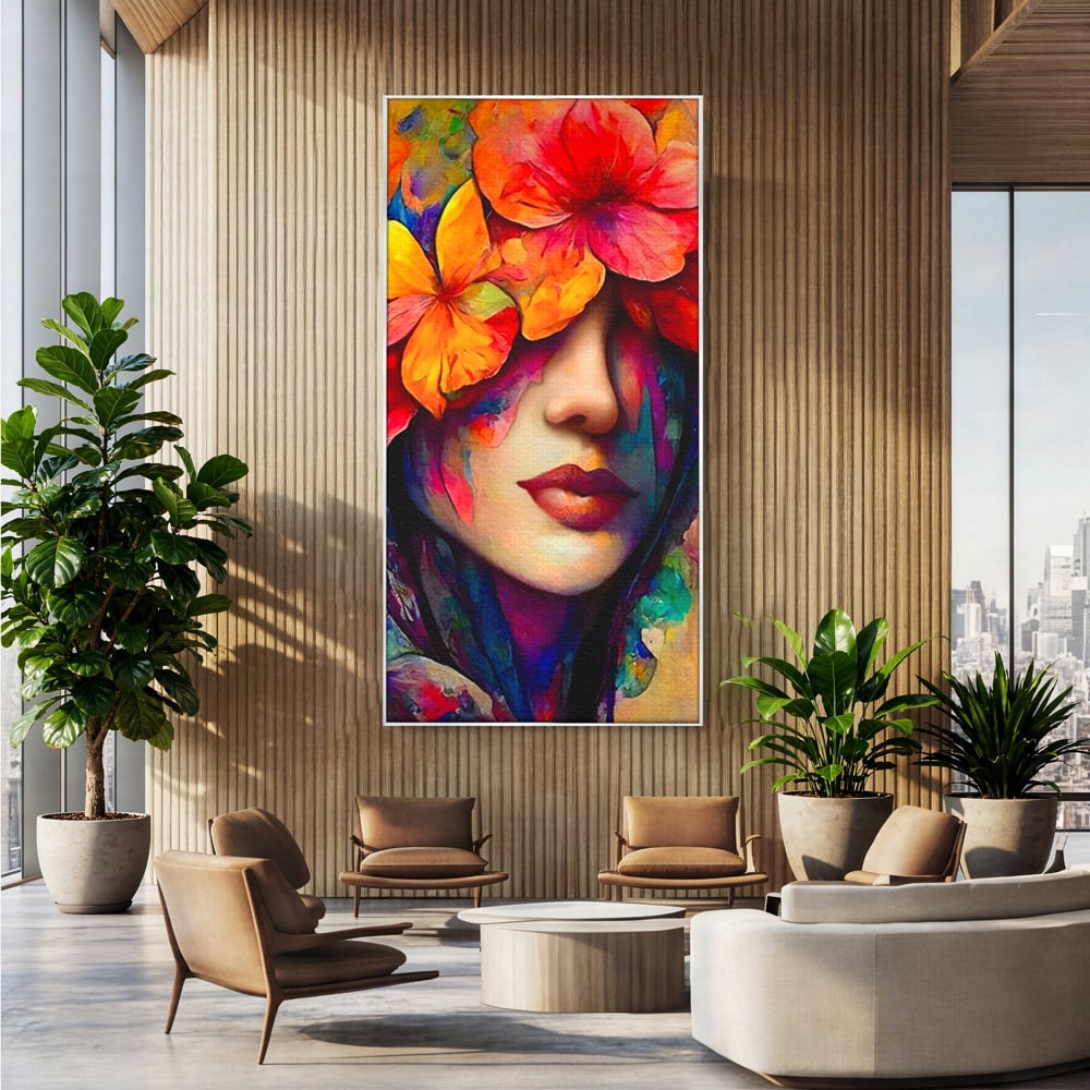 Tablou canvas cu tablou canvas cu portret feminin si flori, in rama de aluminiu argintiu, pe perete intr-un birou