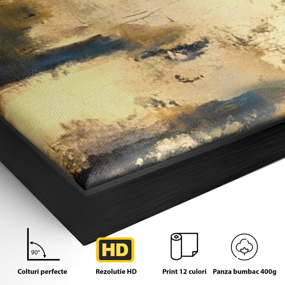 Detaliu al suprafetei: pictura abstracta cu texturi aurii, in rama de aluminiu negru