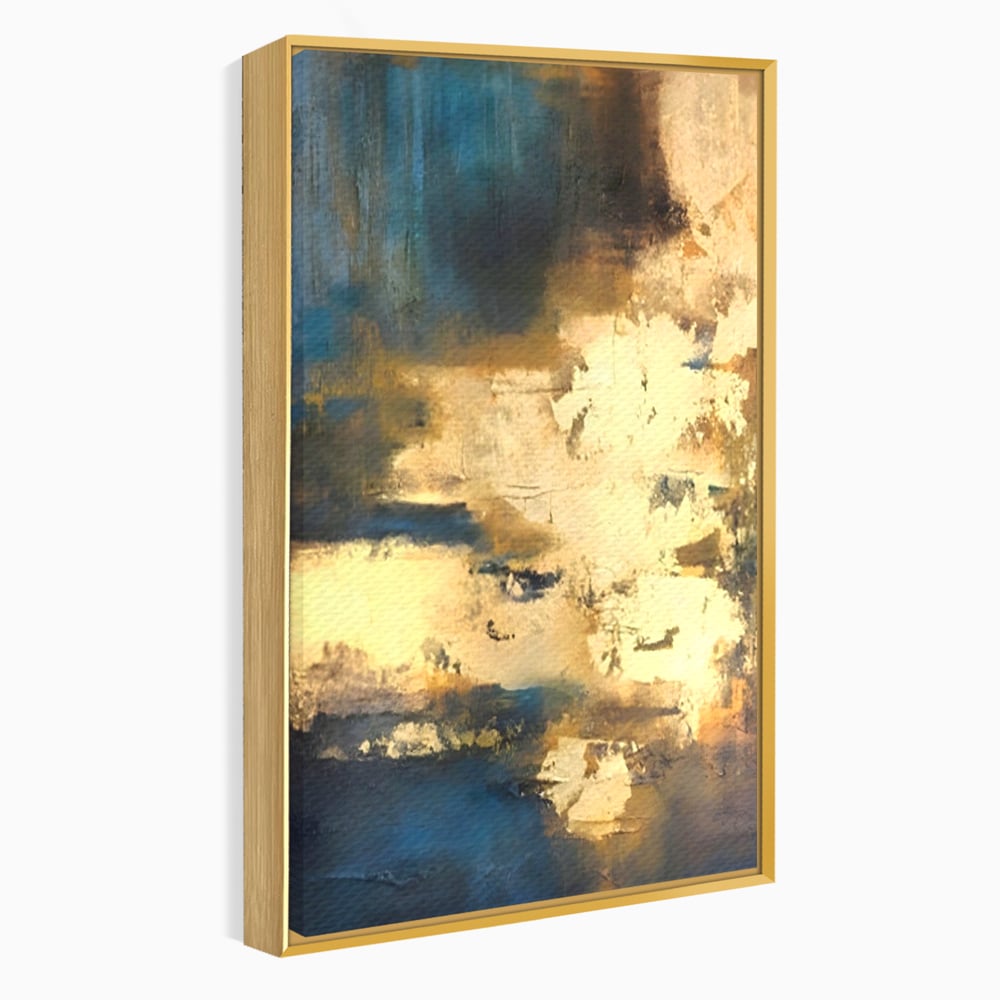 Tablou canvas cu pictura abstracta cu texturi aurii, in rama de aluminiu auriu