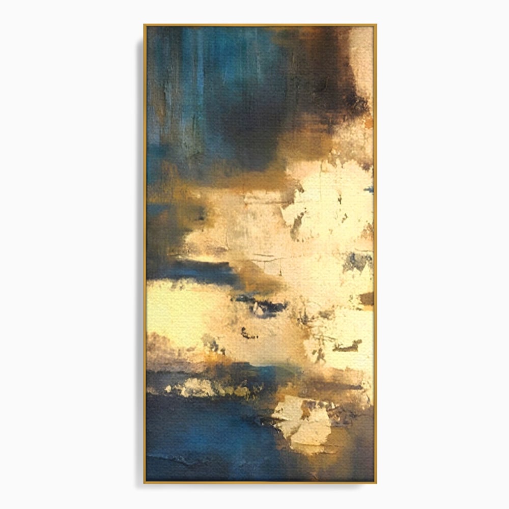 Tablou canvas cu pictura abstracta cu texturi aurii, in rama de aluminiu auriu