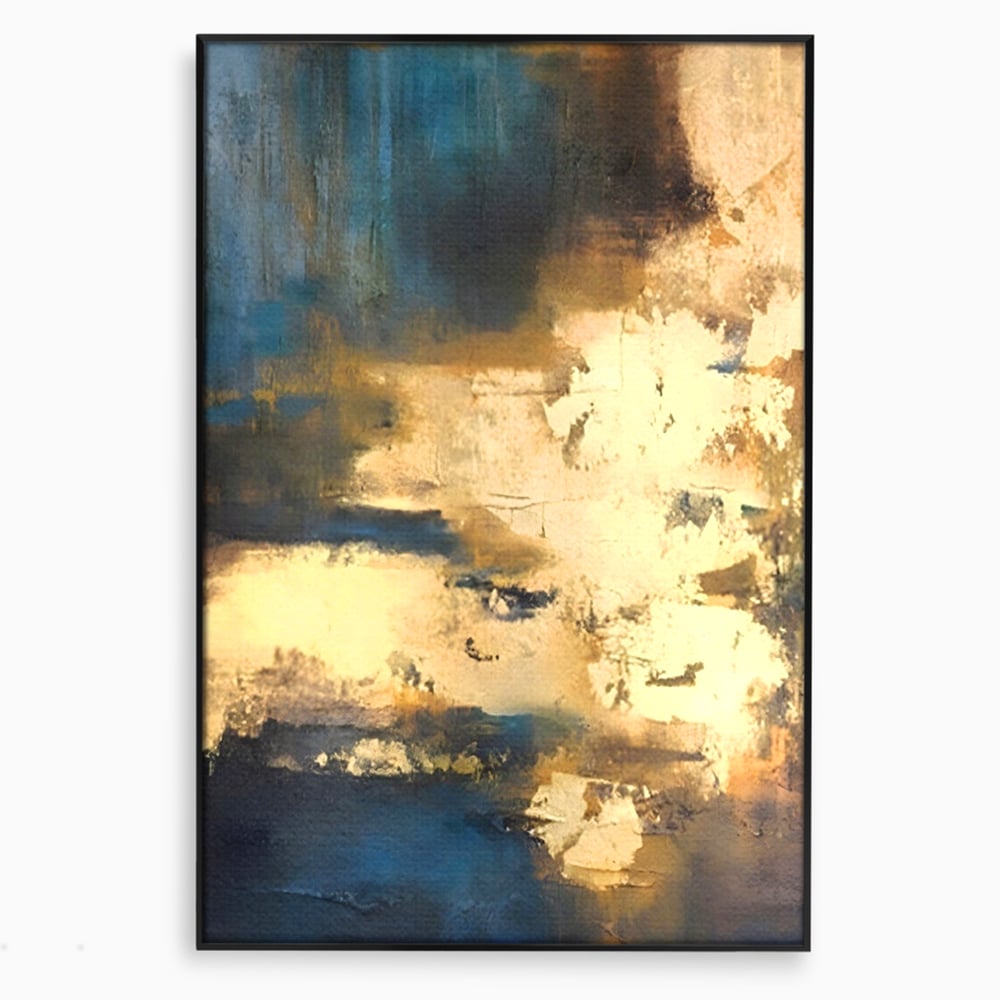 Tablou canvas cu pictura abstracta cu texturi aurii, in rama de aluminiu negru