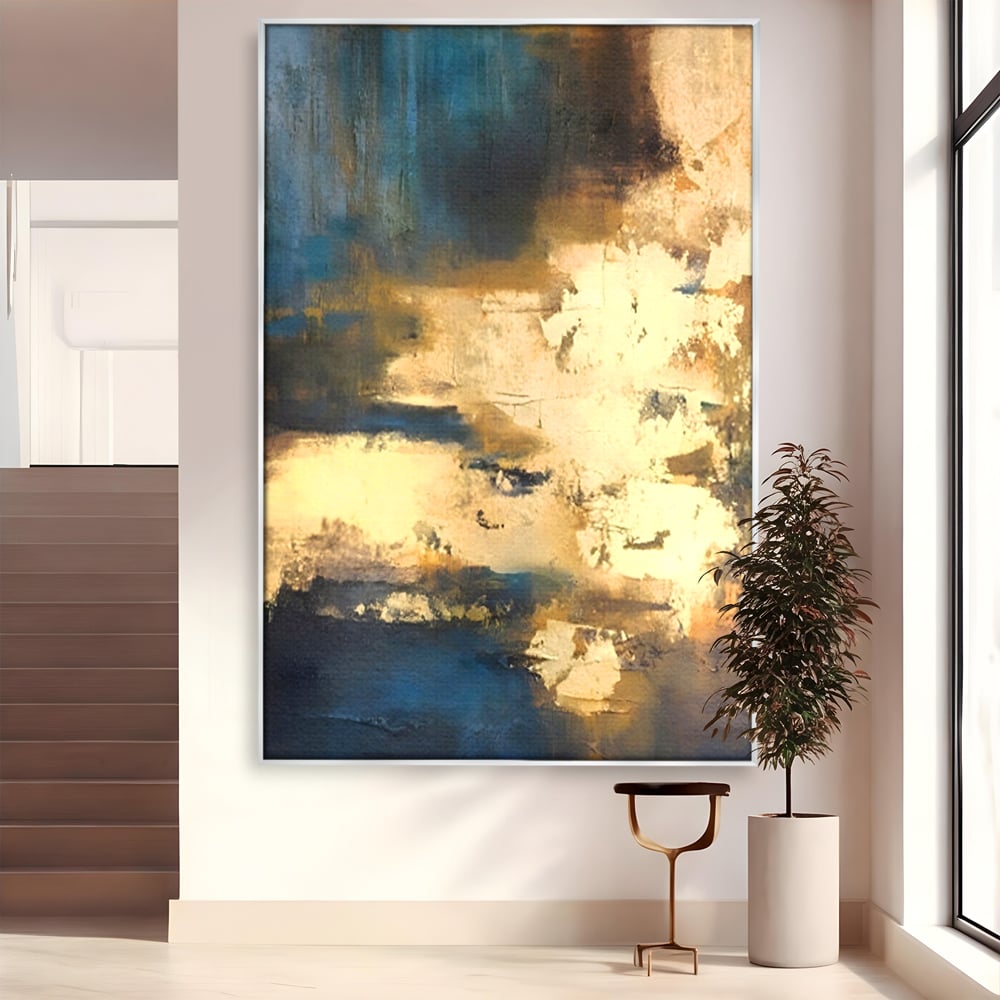 Tablou canvas cu pictura abstracta cu texturi aurii, in rama de aluminiu argintiu