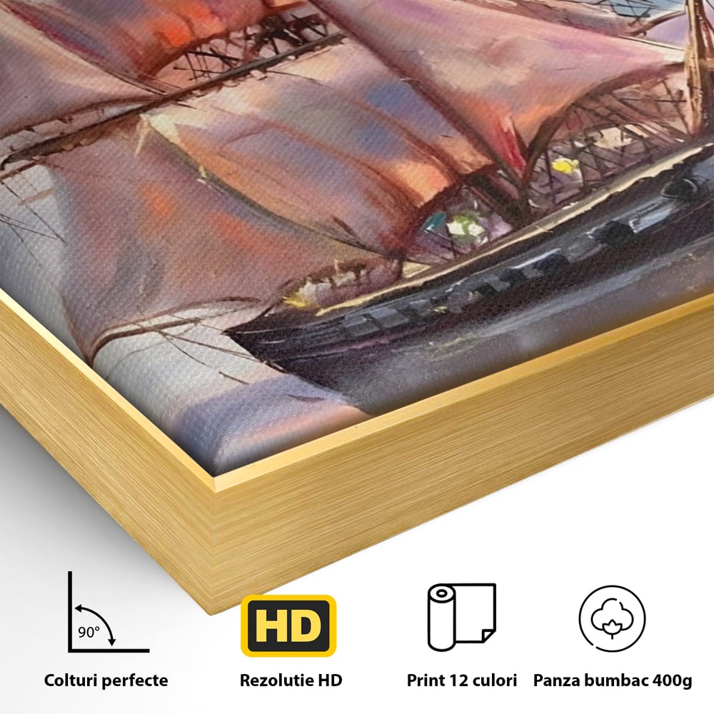 Detaliu al suprafetei: tablou canvas cu vapor cu vele pe mare, in rama de aluminiu auriu