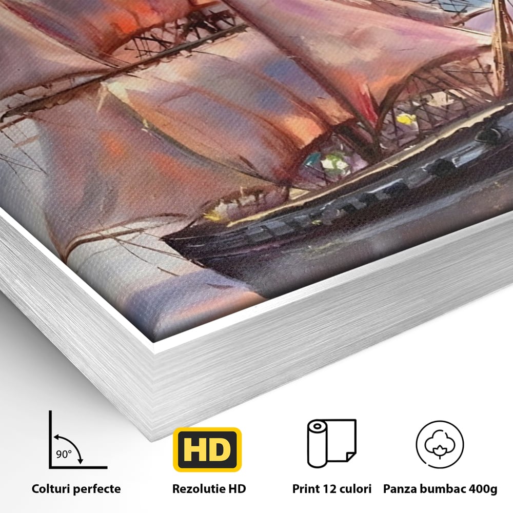 Detaliu al suprafetei: tablou canvas cu vapor cu vele pe mare, in rama de aluminiu argintiu