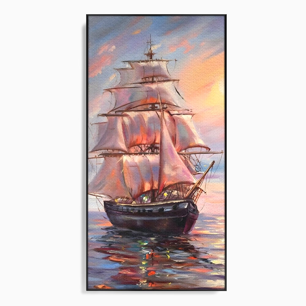 Tablou canvas cu tablou canvas cu vapor cu vele pe mare, in rama de aluminiu negru
