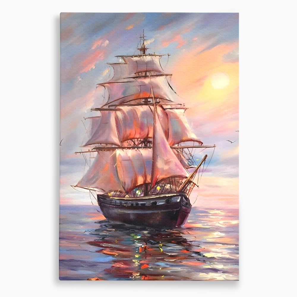 Tablou canvas cu tablou canvas cu vapor cu vele pe mare, fara rama, pe sasiu de lemn