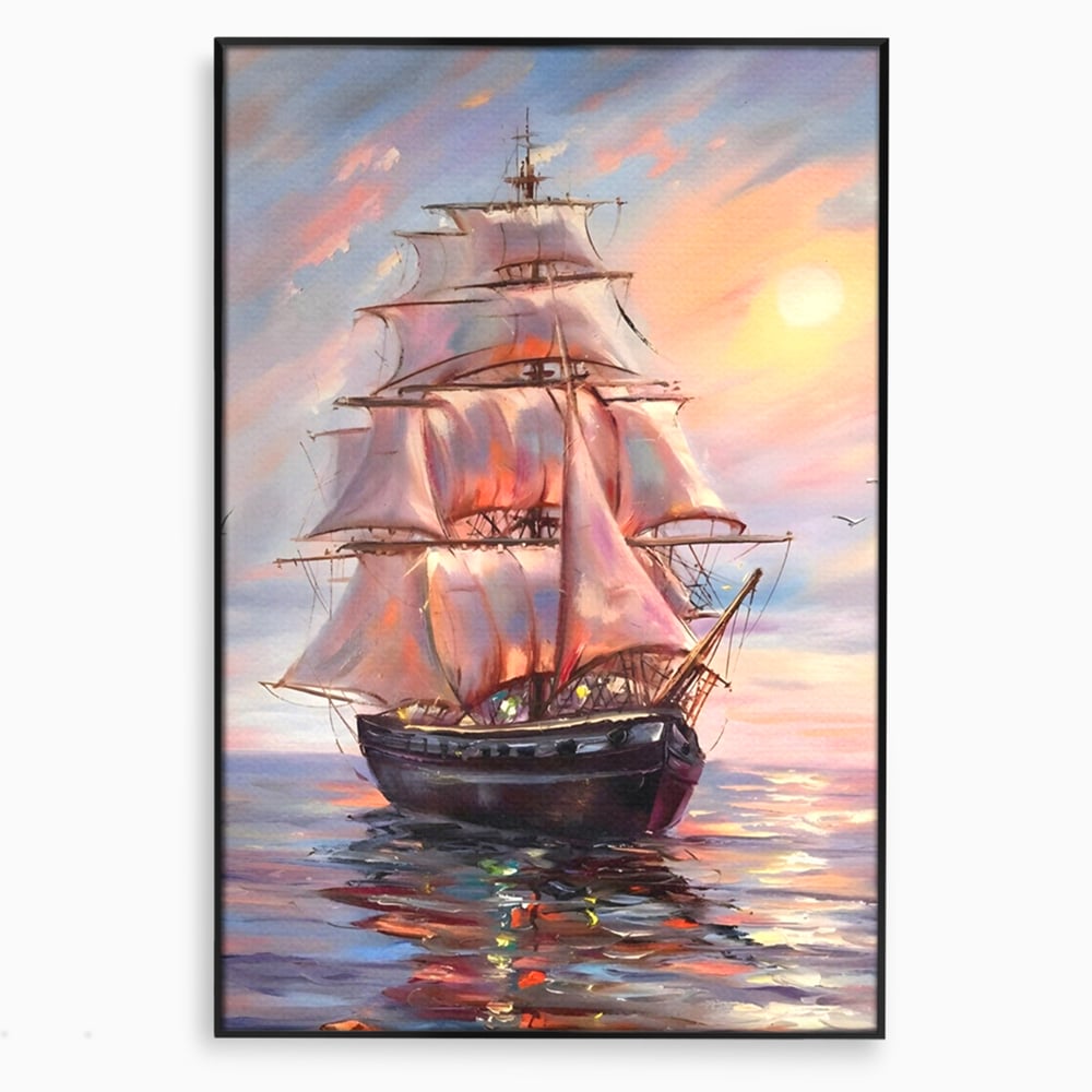 Tablou canvas cu tablou canvas cu vapor cu vele pe mare, in rama de aluminiu negru