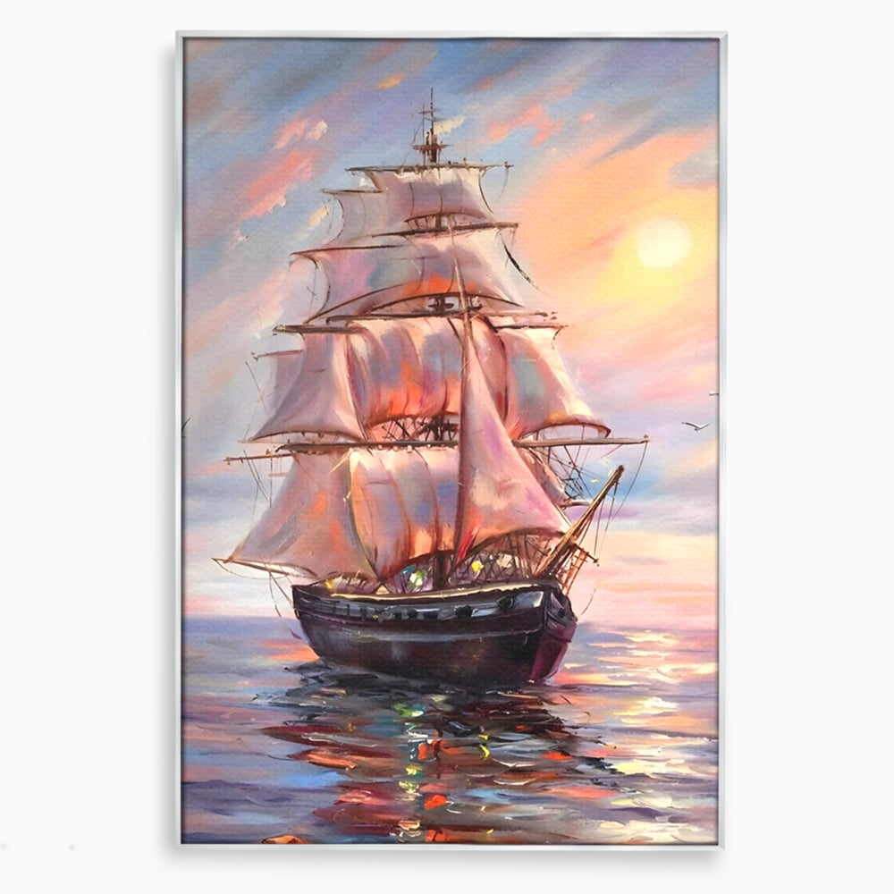 Tablou canvas cu tablou canvas cu vapor cu vele pe mare, in rama de aluminiu argintiu