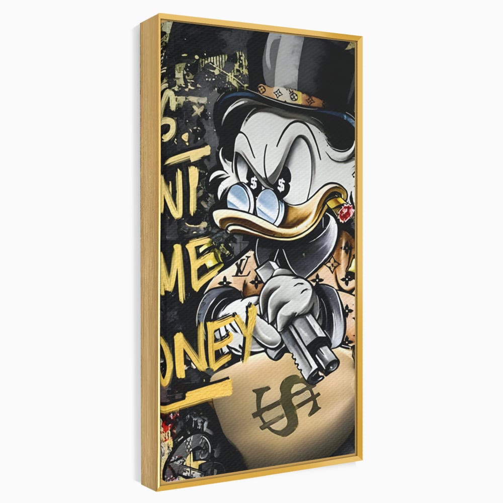 Tablou canvas cu ilustratie cu scrooge duck tinand o arma, in rama de aluminiu auriu