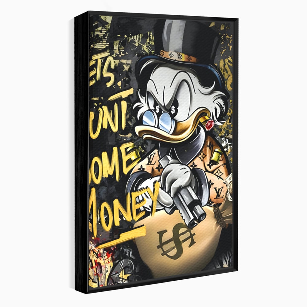 Tablou canvas cu ilustratie cu scrooge duck tinand o arma, in rama de aluminiu negru