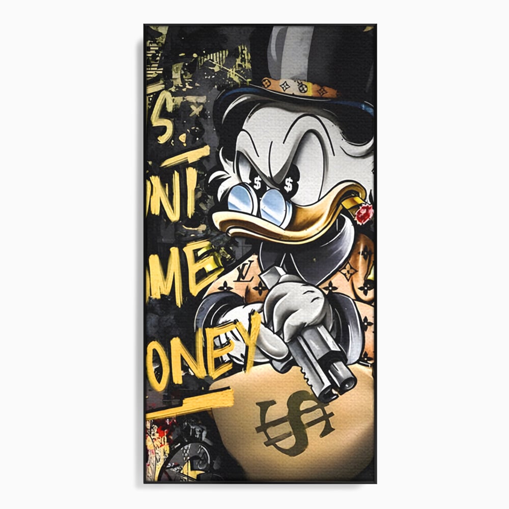 Tablou canvas cu ilustratie cu scrooge duck tinand o arma, in rama de aluminiu negru