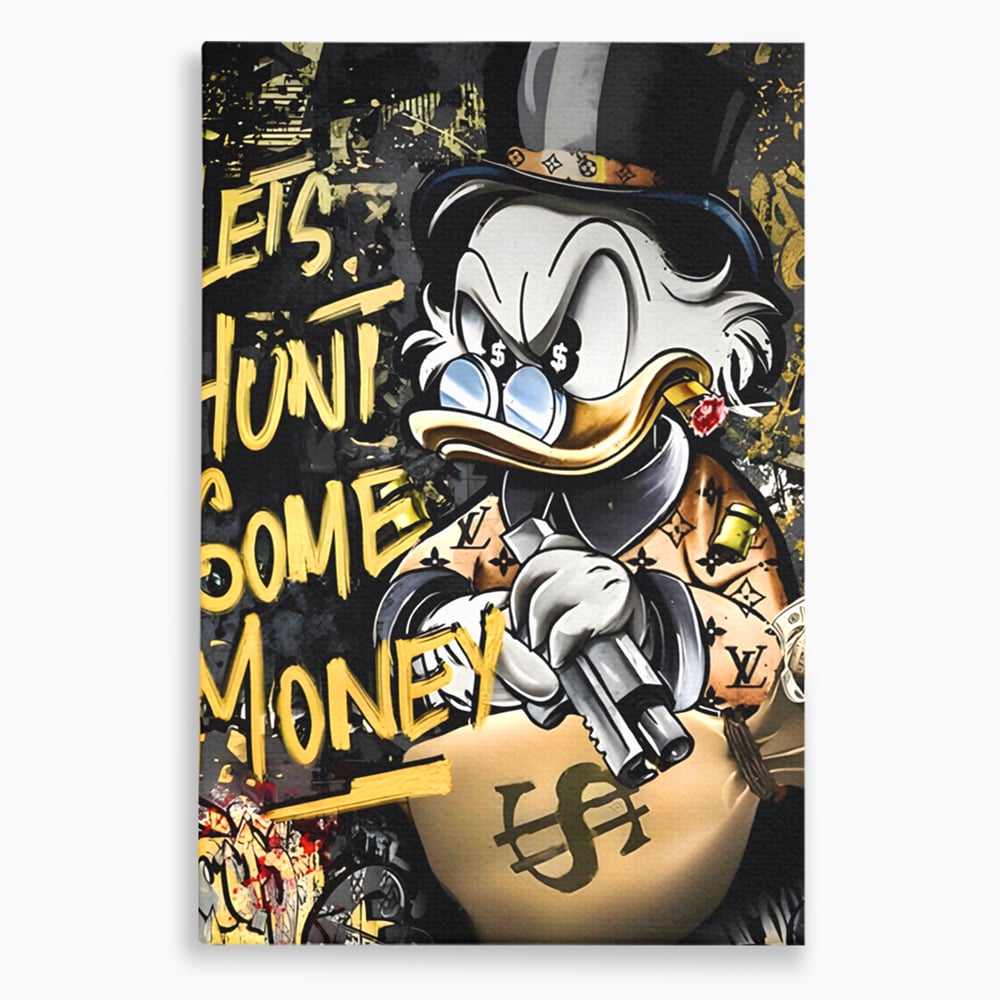 Tablou canvas cu ilustratie cu scrooge duck tinand o arma, fara rama, pe sasiu de lemn