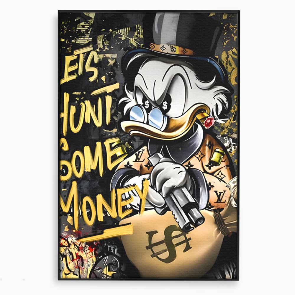 Tablou canvas cu ilustratie cu scrooge duck tinand o arma, in rama de aluminiu negru