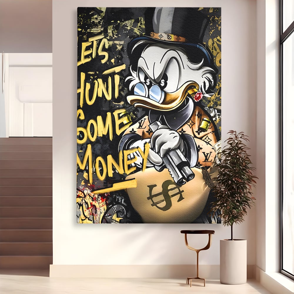 Tablou canvas cu ilustratie cu scrooge duck tinand o arma, fara rama, pe sasiu de lemn