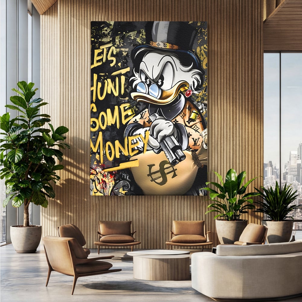 Tablou canvas cu ilustratie cu scrooge duck tinand o arma, fara rama, pe sasiu de lemn, pe perete intr-un birou