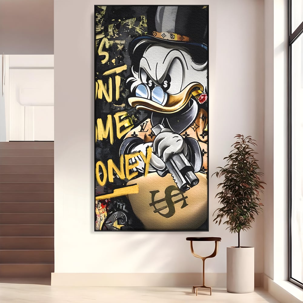 Tablou canvas cu ilustratie cu scrooge duck tinand o arma, in rama de aluminiu negru