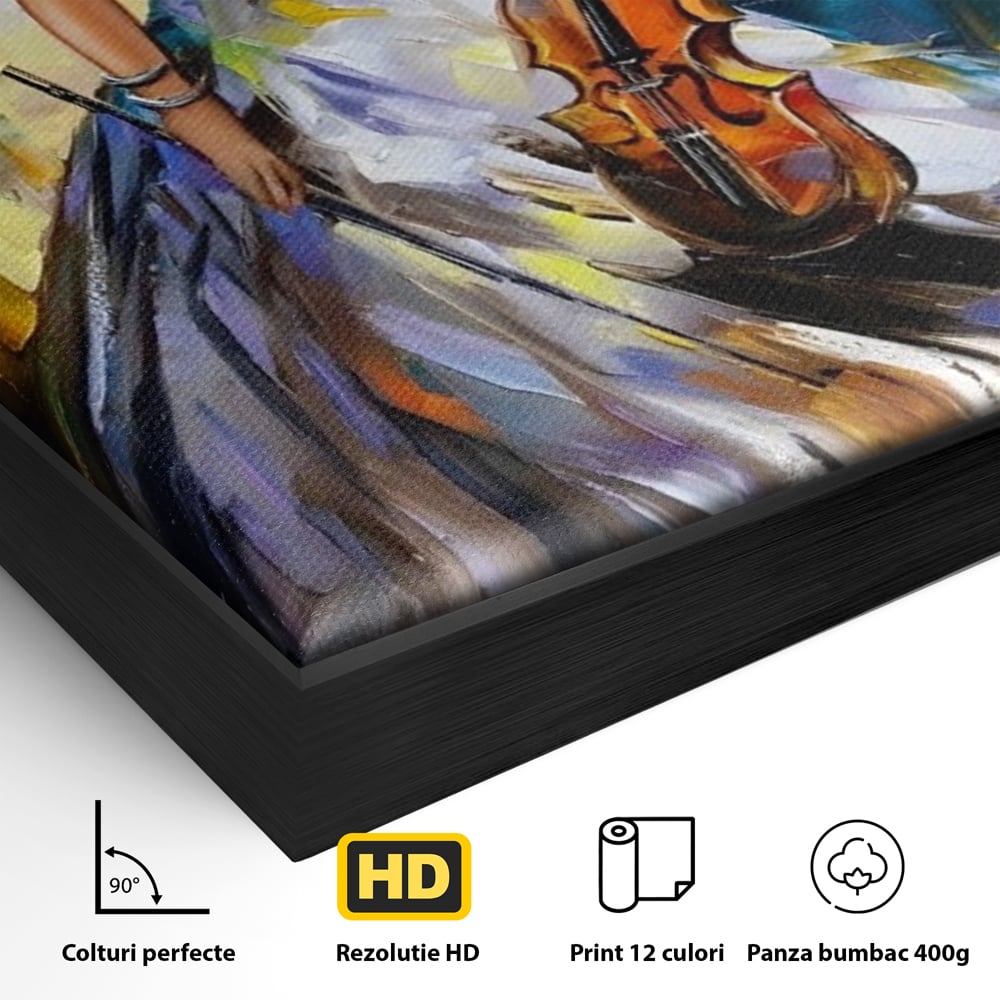Detaliu al suprafetei: tablou canvas cu femeie si vioara, in rama de aluminiu negru