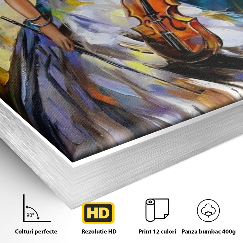 Detaliu al suprafetei: tablou canvas cu femeie si vioara, in rama de aluminiu argintiu
