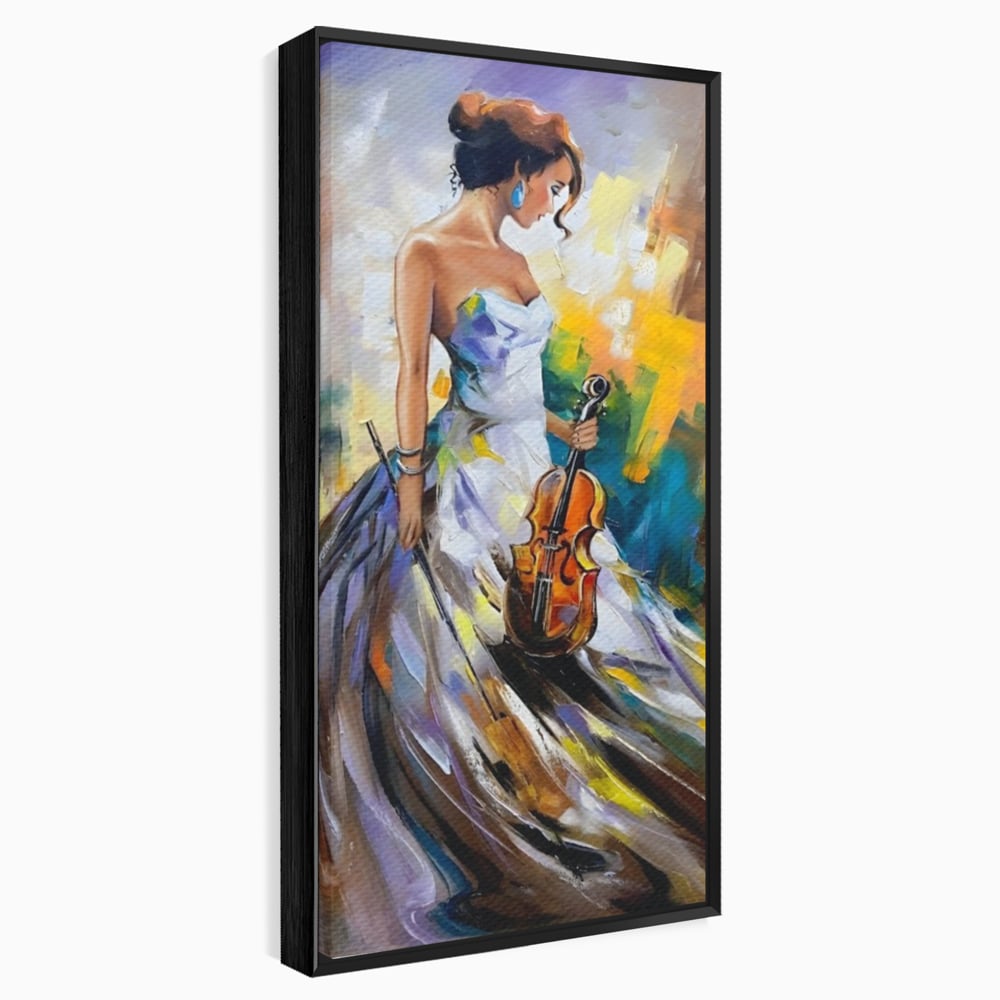 Tablou canvas cu tablou canvas cu femeie si vioara, in rama de aluminiu negru