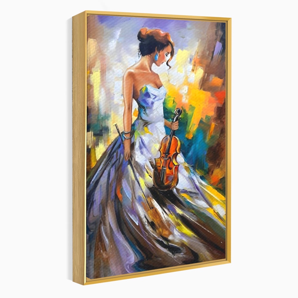 Tablou canvas cu tablou canvas cu femeie si vioara, in rama de aluminiu auriu