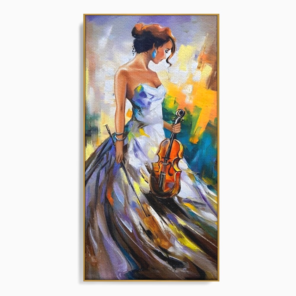 Tablou canvas cu tablou canvas cu femeie si vioara, in rama de aluminiu auriu