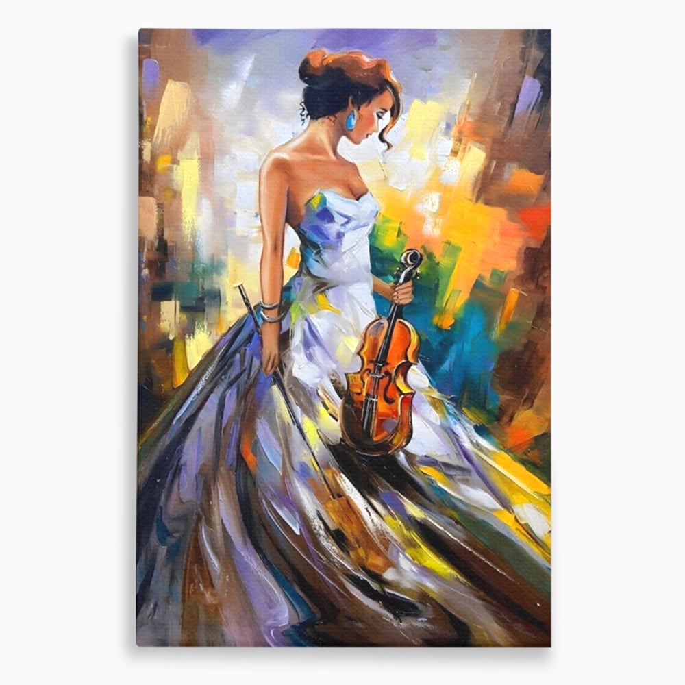 Tablou canvas cu tablou canvas cu femeie si vioara, fara rama, pe sasiu de lemn