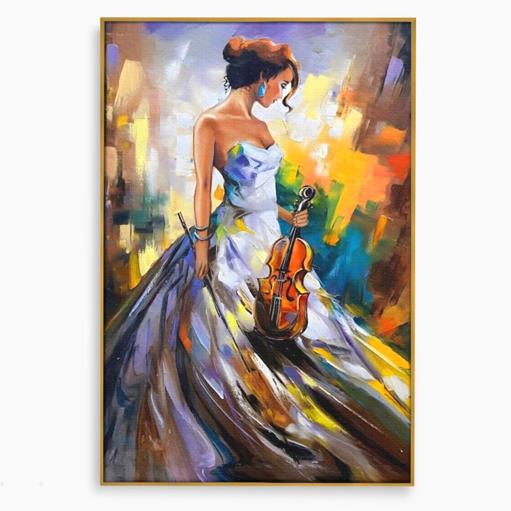 Tablou canvas cu tablou canvas cu femeie si vioara, in rama de aluminiu auriu